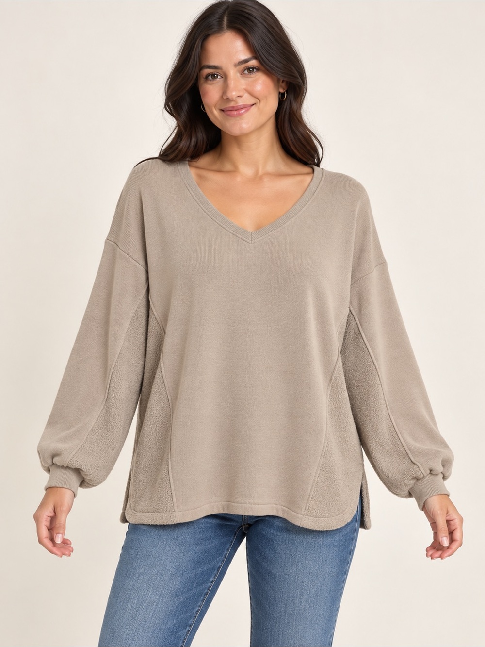 easel Neutral Taupe V-Neck Balloon Sleeve Pullover Sweater
